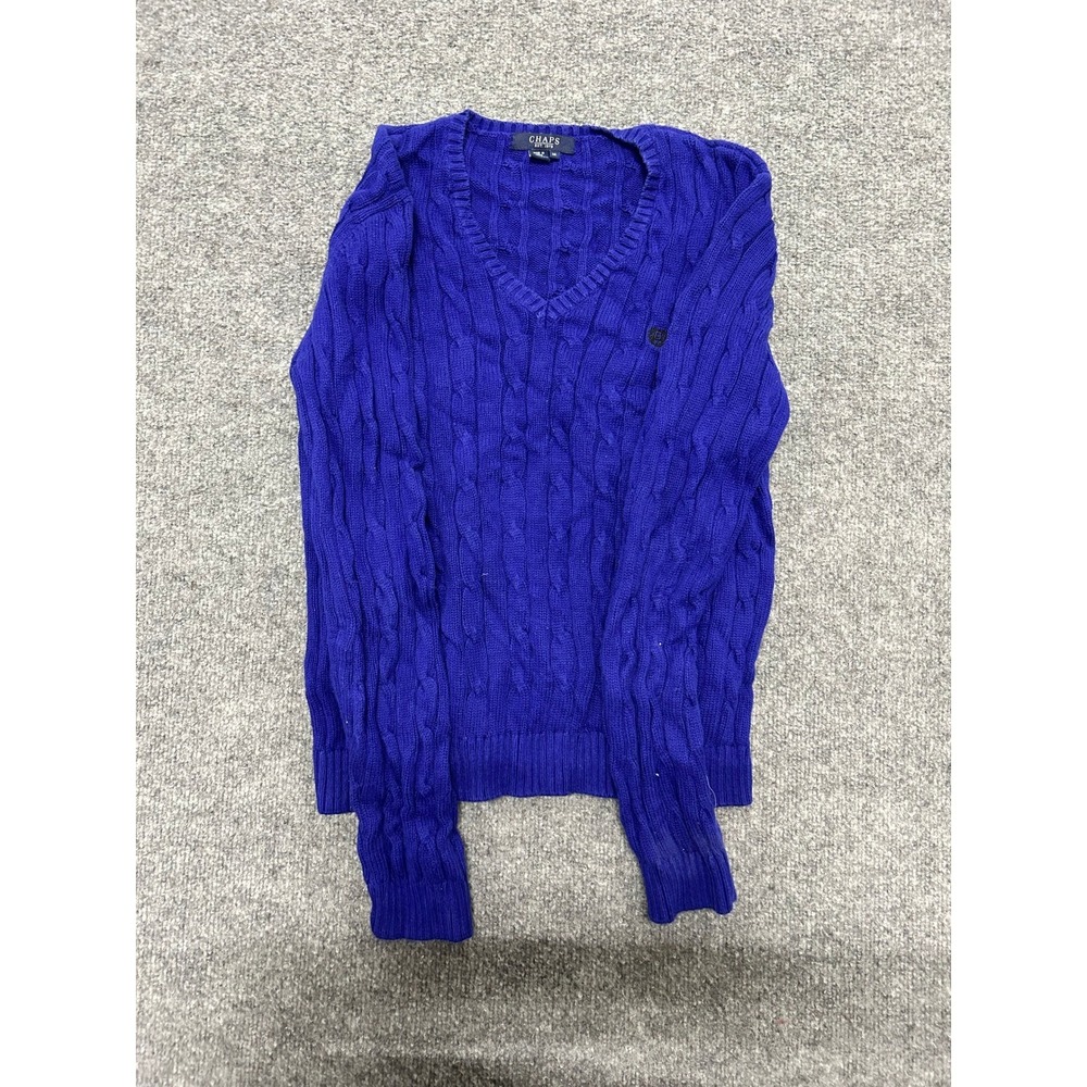 Chaps Sweater Womens Size M Blue Cable Knit V-Neck Long Sleeve Cotton Pullover